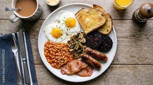 Full English Breakfast Plate with Eggs, Sausages, Bacon, Beans, Mushrooms, and Toast on a Wooden Table