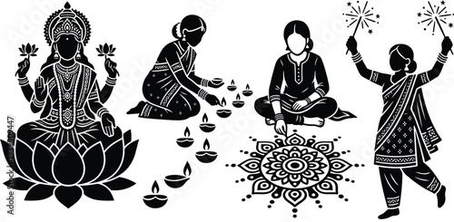 Diwali Celebration Illustration Set with Lakshmi and Traditions