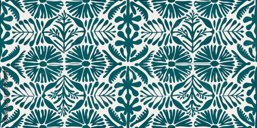 Repeating teal floral pattern with stylized botanical shapes and symmetry