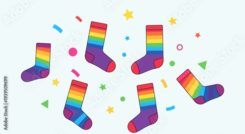 Rainbow striped socks with confetti and stars on a light blue background, abstract celebration concept