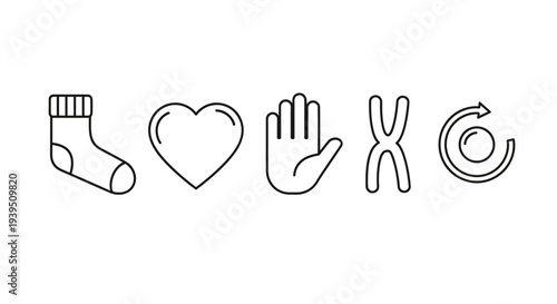 Set of simple line icons depicting a sock, heart, open hand, chromosome, and a circular arrow symbolizing life, love, care, and genetics