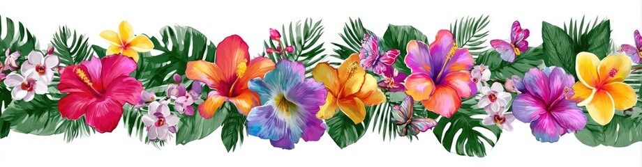 Vibrant tropical floral border with leaves and butterflies