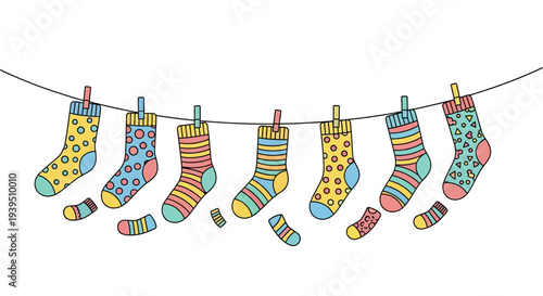 Whimsical socks of various colorful patterns hanging on a clothesline