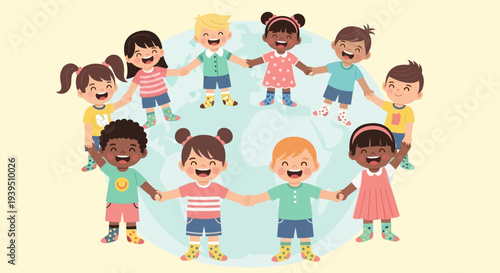 Joyful Multi-ethnic Children Holding Hands Around the World, Symbolizing Global Unity, Friendship, and Diversity for a Brighter Future