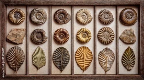 museum style display of fossil specimens in neat rows, ammonite, trilobite, petrified wood, fossilized leaf, pale neutral background, scientific