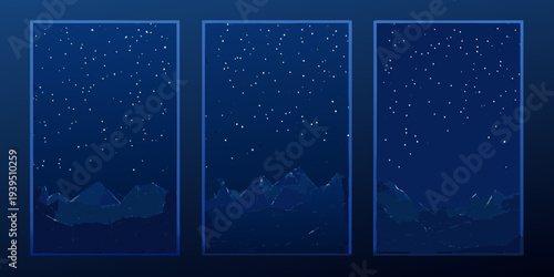 A triptych depicting a dark starry nightscape over jagged mountains