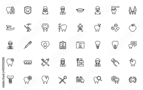 Dental Care icon set. Vector illustration. Includes toothbrush, dentist, teeth, braces, implants, mouthwash, pills, appointment and more. Editable stroke.