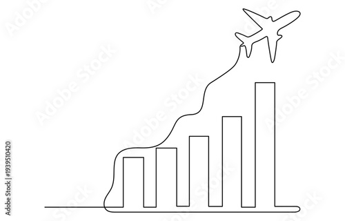 Continuous line art of person climbing bar chart to success with upward. Continuous line drawing of aircraft flight routes and airport destinations. airplane line path icon of airplane flight route.