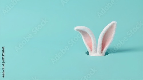 A pair of white bunny ears protrude from a hole making an easter egg hunt fun surprise on a pastel blue surface