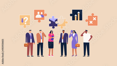 Business team collaborating on solutions with puzzle pieces and diverse representation