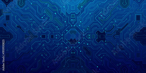 Abstract blue circuit board pattern with intricate electronic pathways