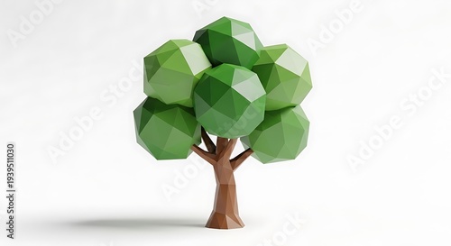 Low Poly Green Tree on White Background.