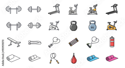 Fitness Equipment Icons: Dumbbells, Treadmills, Bikes, Mats, Jump Rope & More
