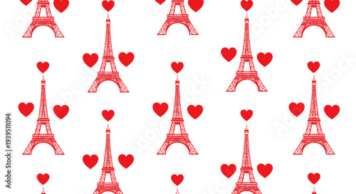 Parisian Eiffel Tower and Heart Pattern - Romantic Red Silhouette on White