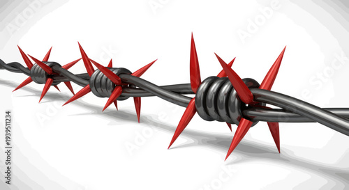 Barbed Wire Fence with Sharp Red Spikes on White Background