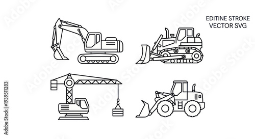 Construction Equipment Vector Icons: Excavator, Bulldozer, Crane, Loader