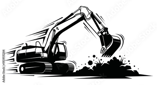 Excavator digging dirt with speed lines, construction vehicle, industrial machine