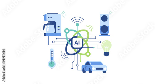 Artificial Intelligence (AI) and IoT Smart Home Ecosystem. Technology concept connecting automated devices: camera, coffee machine, light bulb, and car via network automation.