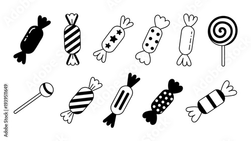 A cheerful assortment of doodle-style candies and lollipops, featuring both solid and outline designs.