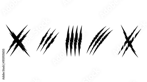 A visually striking assortment of dark, rough scratch and claw marks on a pristine white canvas.