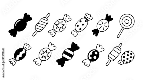 A delightful array of stylized candy icons and lollipops, mixing solid black and simple outline styles.