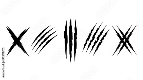A dynamic collection of various grunge-style black claw and scratch marks.