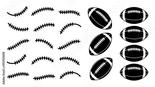 A comprehensive collection of American football elements, including laces and various ball designs.