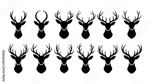 A diverse collection of twelve stylized deer head silhouettes with various impressive antler designs is shown.