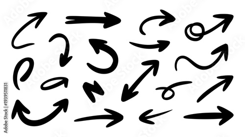 A comprehensive array of hand-drawn black arrow shapes in different styles and directions provides versatile indicators.