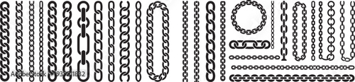 Monochrome set different type of metal chains in silhouette style. Vector silhouette icon set