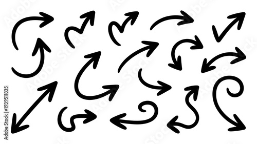A dynamic set of various hand-drawn black arrow symbols pointing in multiple directions.
