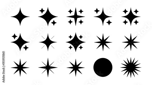 A diverse set of black sparkle and star icons along with a circle offers versatile graphic design elements.