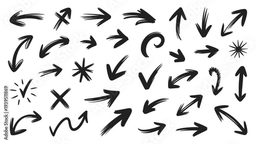 A diverse collection of hand-drawn black arrows, checkmarks, crosses, and star shapes for design elements.