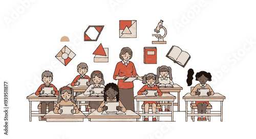 Teacher guiding students in classroom with educational materials and geometry shapes floating around