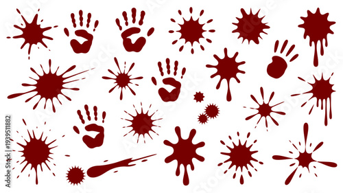 A gruesome assortment of red blood splatters and ominous handprints.