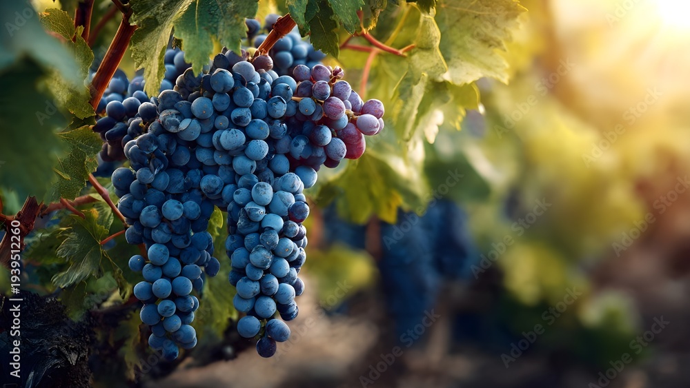 Obraz premium Close up of ripe purple wine grapes growing in vineyard during golden sunset light. Agriculture and wine production concept.