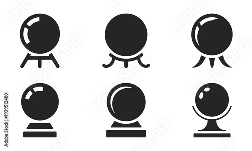 Assortment of Crystal Balls on Decorative Stands, professional vector pack showing mystical fortune-telling spheres, ornate holders, and divination symbols, perfect for tarot themes, astrology graphic