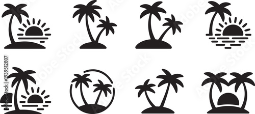 palm trees and sunrise silhouette icon set