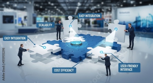 Illustration of Business Models with Puzzle Pieces Representing Concepts like Easy Integration, Scalability, and Cost Efficiency in a High-Tech Environment