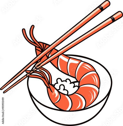 Single continuous line drawing shrimp clamped by wooden chopsticks. Enjoy a savory and protein packed meal. A savory delicacy. Delicious. National Shrimp Day. One line design vector illustration. , wh