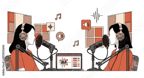 Two women podcasting with microphones and headphones in a colorful studio