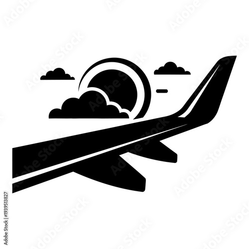Airplane wing silhouette flying through clouds with sun in the sky minimalist icon illustration