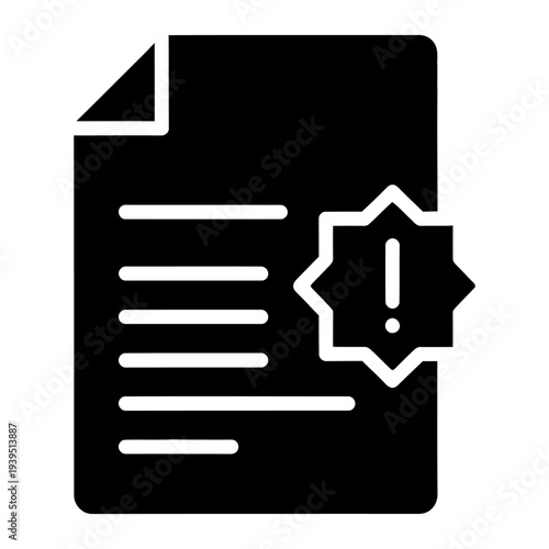 Document icon with exclamation mark for warning or alert notification in solid black glyph style