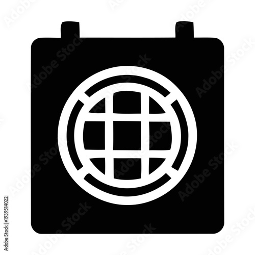 Global calendar icon representing international scheduling in a minimalist black and white flat vector style