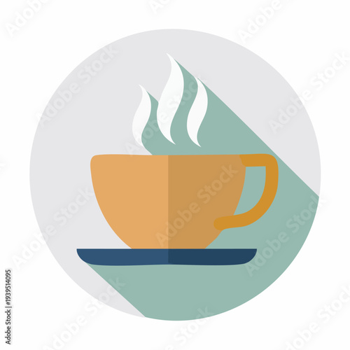 Flat design hot coffee cup icon with long shadow.