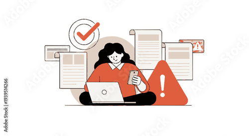 Woman sits cross legged with laptop and phone surrounded by documents and warning signs