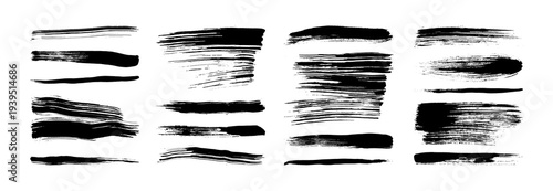 Set of artistic brush strokes in various styles and widths. Vector illustration. Perfect for graphic design projects, digital art, poster backgrounds or creative branding elements.