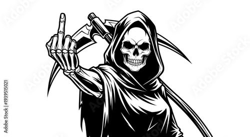 Grim Reaper Skeleton Holding Middle Finger Up, Death Symbol, Black and White Illustration