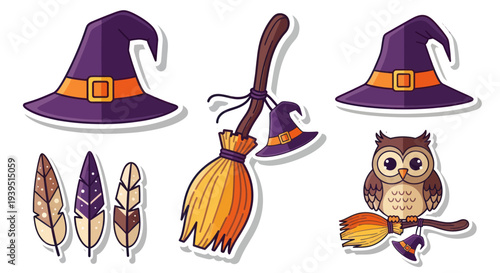 Halloween Witch Hats, Owl, Broomstick, and Feathers Vector Illustration