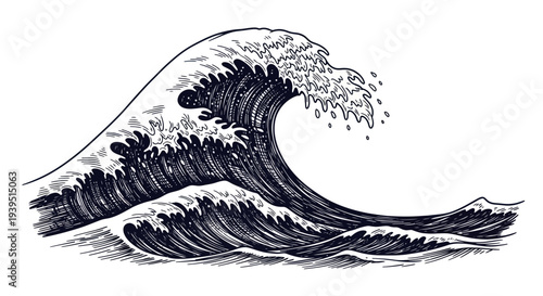 Hand Drawn Ocean Wave Illustration - Vintage Style Seascape Art